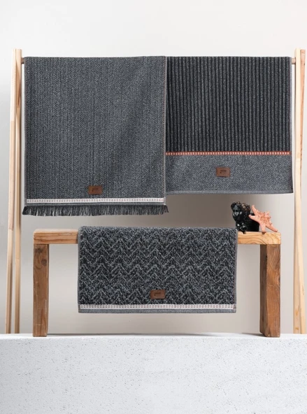 Cotton Box 3'lü Jakarlı Havlu Seti Denim Antrasit  50x90