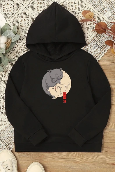Çocuk Yin Yang Cats Baskılı Sweatshirt