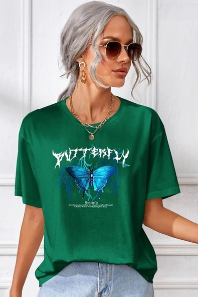 Unisex Blue Butterfly Baskılı T-shirt