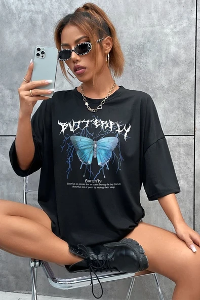 Unisex Blue Butterfly Baskılı T-shirt - Resim 7