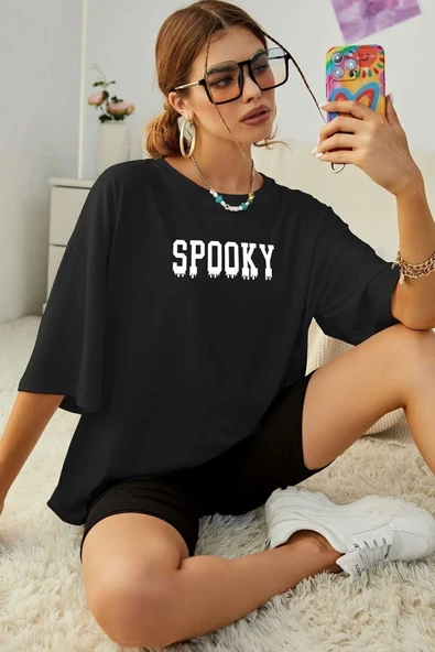 Unisex Spooky Baskılı T-shirt - Resim 6