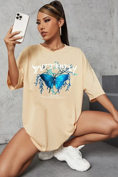 Unisex Blue Butterfly Baskılı T-shirt - Resim 3