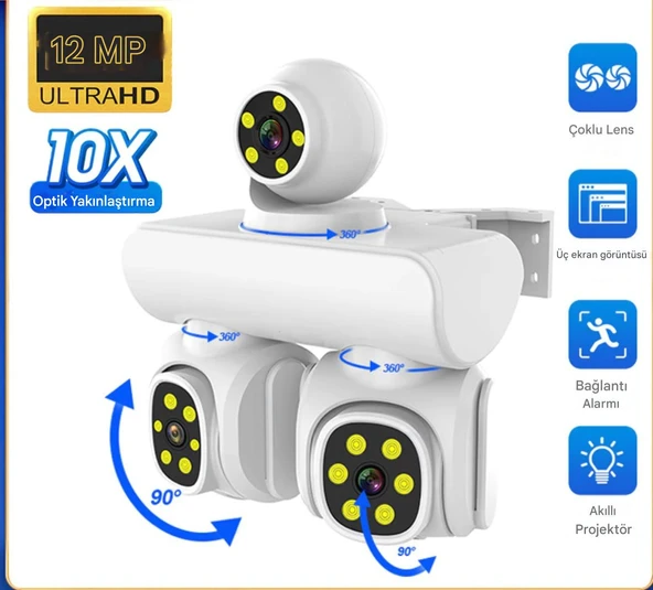 6K 12MP 10X ZOOM Üç Lensli WIFI Güvenlik  Kamerası PTZ Su Geçirmez İki Yönlü İnterkom Hareket Sensörlü