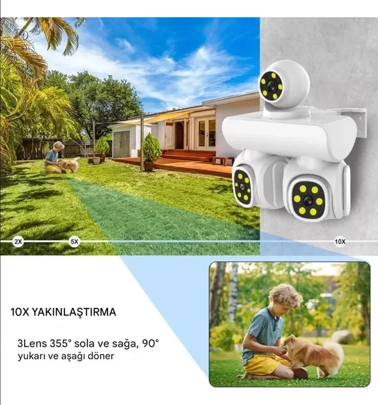 6K 12MP 10X ZOOM Üç Lensli WIFI Güvenlik  Kamerası PTZ Su Geçirmez İki Yönlü İnterkom Hareket Sensörlü - 4