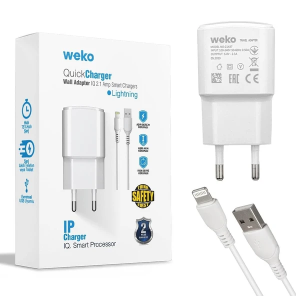 Weko WK-21437 2.1 Amper Telefon Şarj Adaptörü + Lightning Kablo