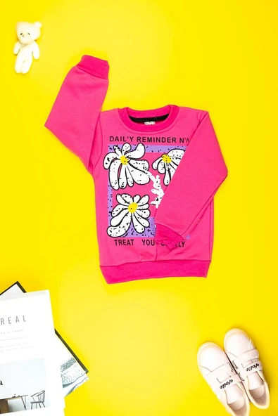 Kız Çocuk Giyim - Pamuklu, Rahat ve Şık Çiçek Baskılı Sweatshirt - 8