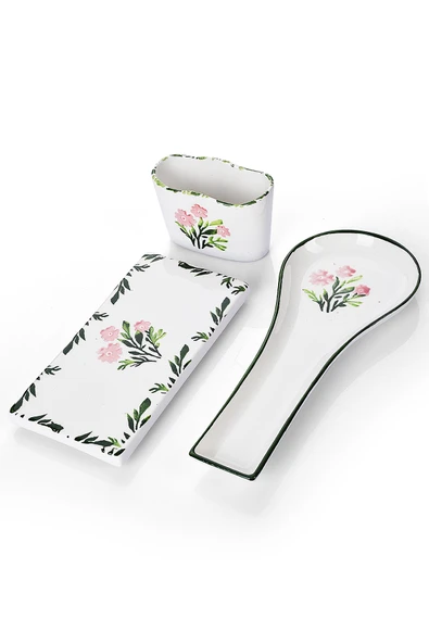 Piatti Naturali 3 parça Mutfak Seti Bahar Desen Kaşıklık Kaşık Altlığı Süngerlik Yağdanlık - 2