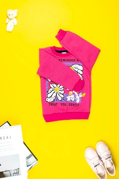 Kız Çocuk Giyim - Pamuklu, Rahat ve Şık Çiçek Baskılı Sweatshirt - 7