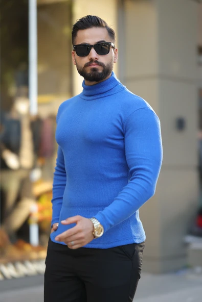 Erkek İndigo Boğazlı Triko Kazak