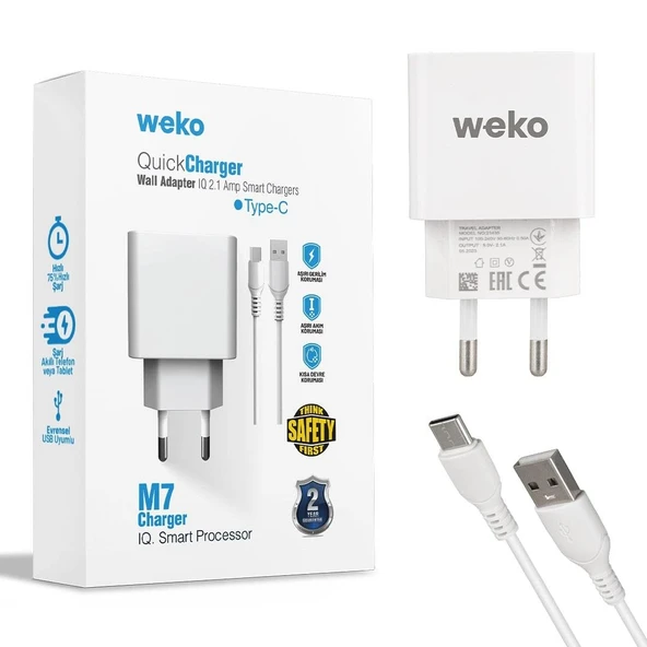 Weko WK-21435 M7 2.1 Amper Telefon Şarj Adaptörü + Type-C Kablo