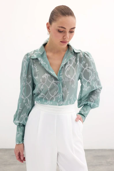 Geniş Manşetli Şifon Gömlek - Mint - Resim 2