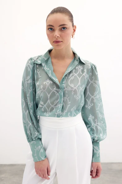 Geniş Manşetli Şifon Gömlek - Mint ürün görseli