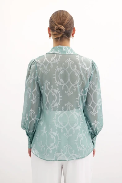 Geniş Manşetli Şifon Gömlek - Mint - Resim 10