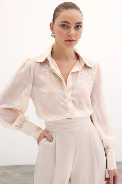 Geniş Manşetli Şifon Gömlek - Bej - Resim 7