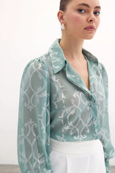 Geniş Manşetli Şifon Gömlek - Mint - Resim 4