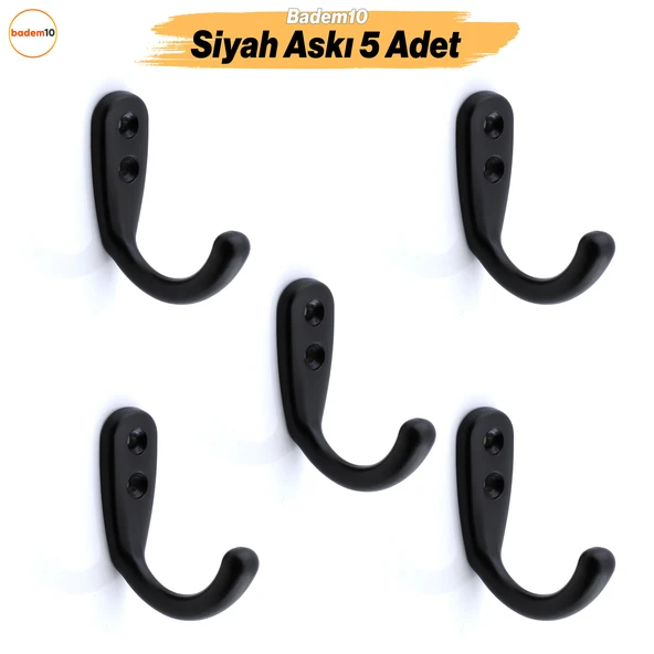 Azra Çanta Elbise Askısı 5 Adet Siyah Duvar Vestiyer Banyo Kıyafet Asma Kulp Dolap Askılık Askılığı