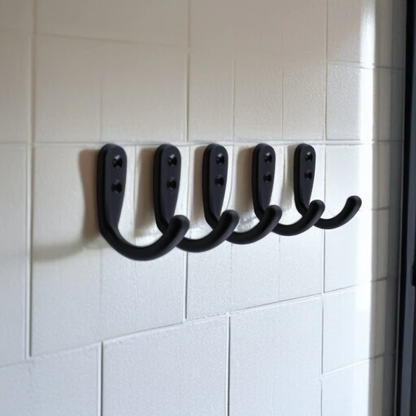 Azra Çanta Elbise Askısı 5 Adet Siyah Duvar Vestiyer Banyo Kıyafet Asma Kulp Dolap Askılık Askılığı - 3