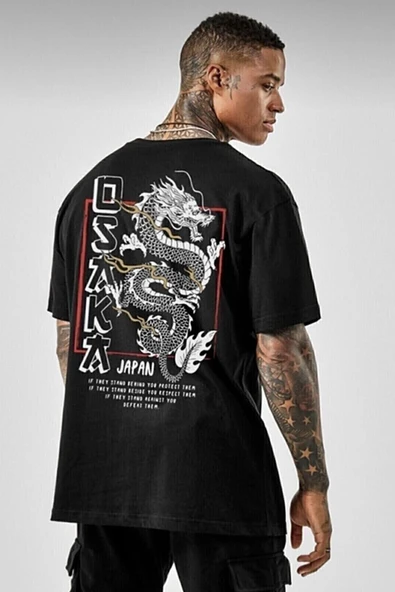 Siyah Osaka Baskılı Penye T-shirt