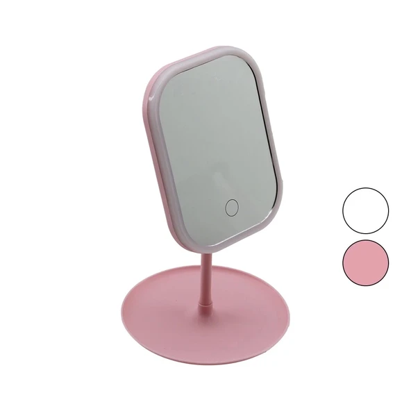 DİKDÖRTGEN LEDLİ - USB ŞARJLI MAKYAJ AYNASI 90° TAKILIK SEPETLİ AYAK RENKLİ PLS 13.5X18.5CM (4172)