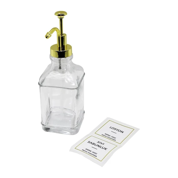 KARE   CAM ŞİŞE ŞEFFAF  DAMLATMAZ YAĞDANLIK 500ML POMPA - MUSLUK AYRIK MODEL BAŞLI (4172)