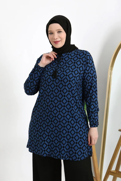 BÜYÜK BEDEN KARE DESENLİ VİSCON KUMAŞ RAHAT KESİM TUNİK - 3