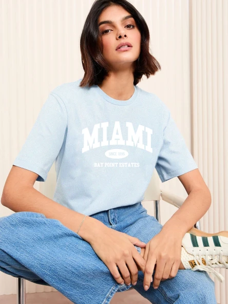 Pamuklu Miami Baskılı Oversize T-shirt - Resim 5