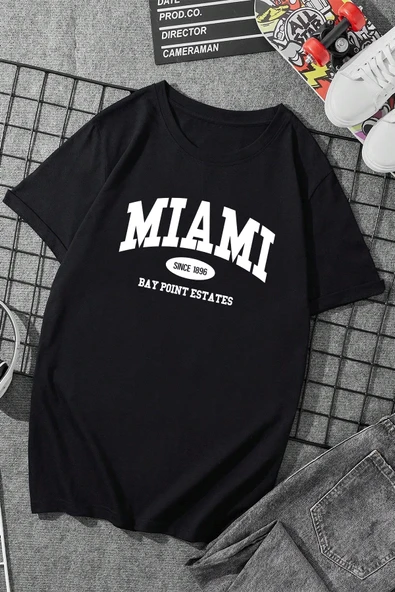 Pamuklu Miami Baskılı Oversize T-shirt - Resim 7