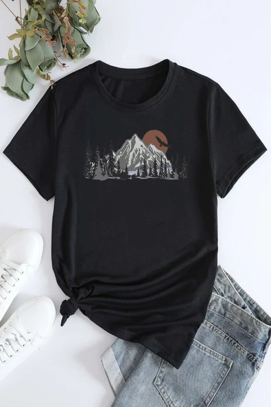 Pamuklu Manzara Baskılı Oversize T-shirt