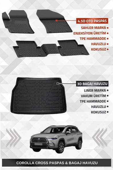 Sahler Corolla Cross 2022+ Uyumlu 4.5D Premium Havuzlu Oto Paspas ve Liner Marka 3D Bagaj Havuzu - Corolla Cross ürün görseli