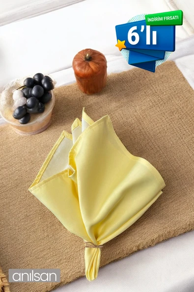 6’lı %100 Pamuk Kumaş Peçete Açık Sarı 50x50 Cm Mutfak Bezi Sofra Sunum Servis Peçetesi