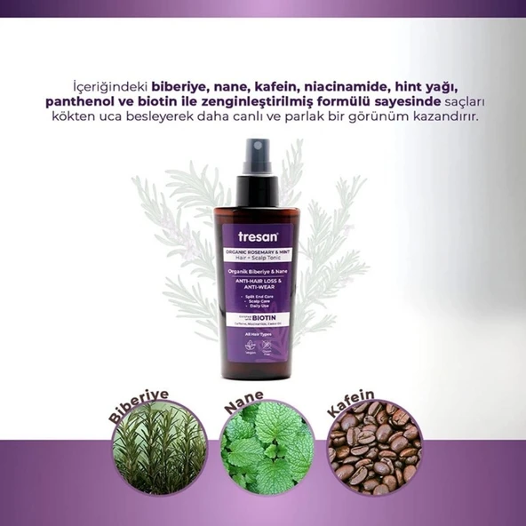 Tresan Organik Biberiye & Nane Dökülme ve Yıpranma Karşıtı Saç Toniği 125ml - Resim 3