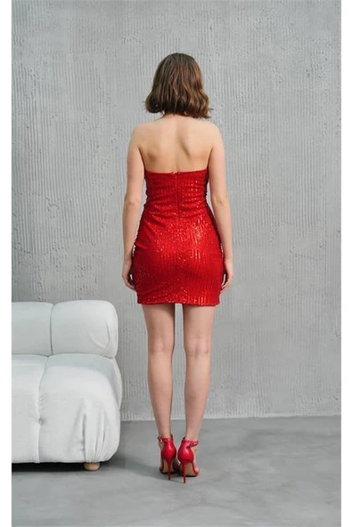 Dipmoda kadın straplez payet mini elbise DPSWLL06 - Resim 3