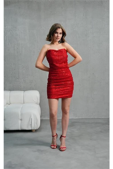 Dipmoda kadın straplez payet mini elbise DPSWLL06 - Resim 2