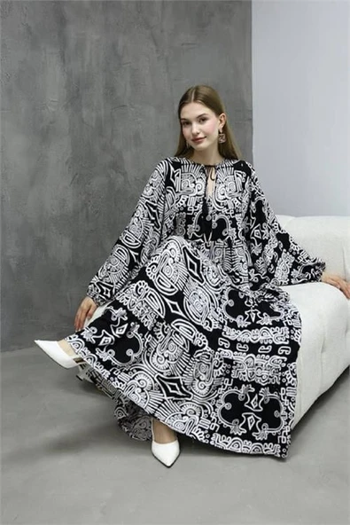Dipmoda kadın oversize salaş kesim desenli viskon elbise DPRS01