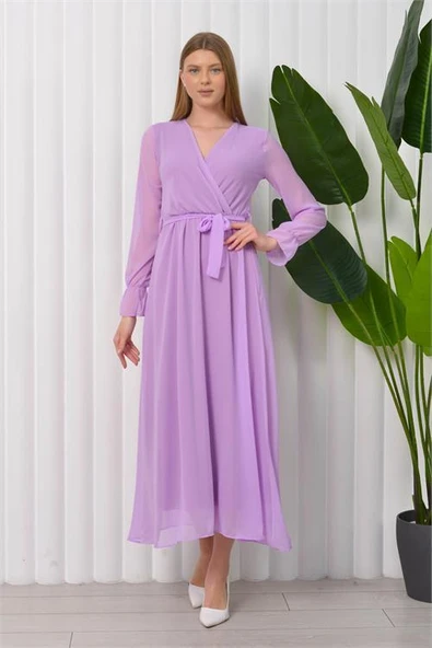 Dipmoda kadın bağlama detaylı uzun şifon elbise KTS003 - Lila ürün görseli
