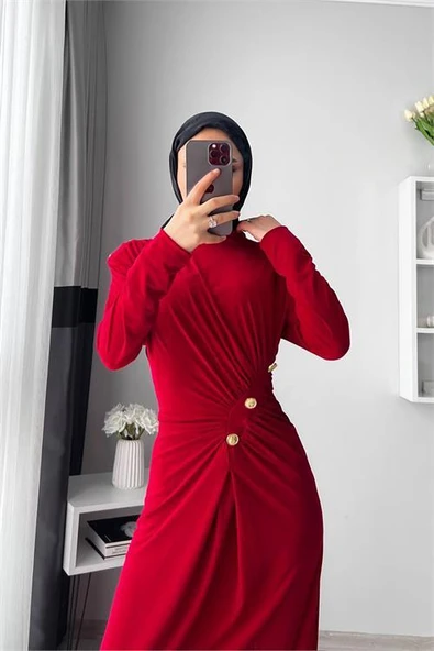 neşeli butik kadın likralı düğme detaylı tesettür elbise NMS046