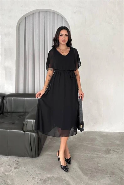 Dipmoda kadın kuşaklı midi boy şifon elbise DPK4116
