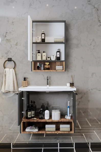 BALNEOM Banyo Karanfil 80 Cm %100 Mdf Antrasit Lavabolu Banyo Dolabı Ayna Alt Dolap Lavabo - 4