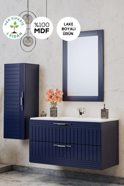 BALNEOM Erguvan Lacivert Demonte 100 Cm Lavabolu Banyo Dolabı Ayna Alt Dolap Lavabo Boy Dolabı