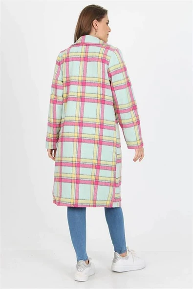 Dipmoda Kadın Düğme Detaylı Cepli Ekose Kaşe Kaban DP9018 - 5