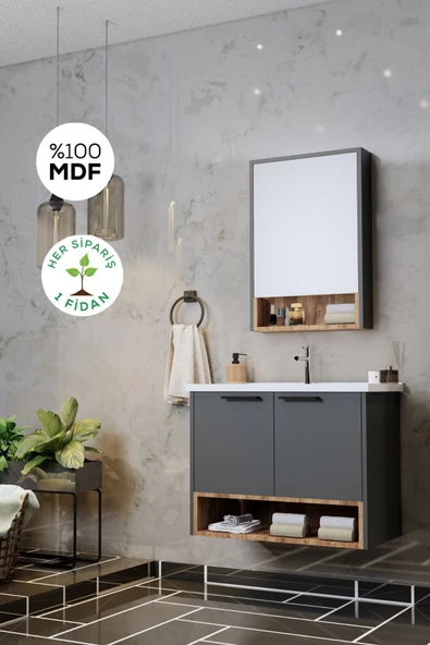 BALNEOM Banyo Karanfil 80 Cm %100 Mdf Antrasit Lavabolu Banyo Dolabı Ayna Alt Dolap Lavabo
