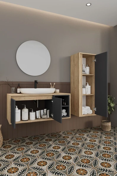 BALNEOM Gül 100 Cm %100 Mdf Lavabolu Banyo Dolabı Ayna Alt Dolap Lavabo Boy Dolabı - 6