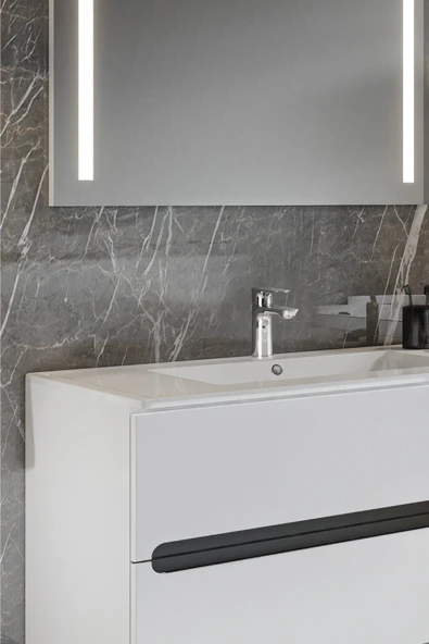 BALNEOM Banyo Kadife Beyaz Parlak Hıgh Gloss Demonte 80 Cm Banyo Dolabı Led Işıklı Aynalı Üst Dolap - 2