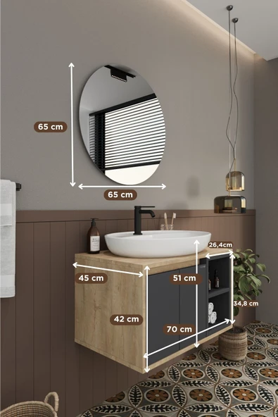 BALNEOM Gül 70 Cm %100 Mdf Lavabolu Banyo Dolabı Ayna Alt Dolap Lavabo - 6