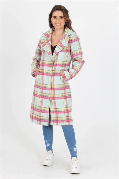 Dipmoda Kadın Düğme Detaylı Cepli Ekose Kaşe Kaban DP9018 - 3