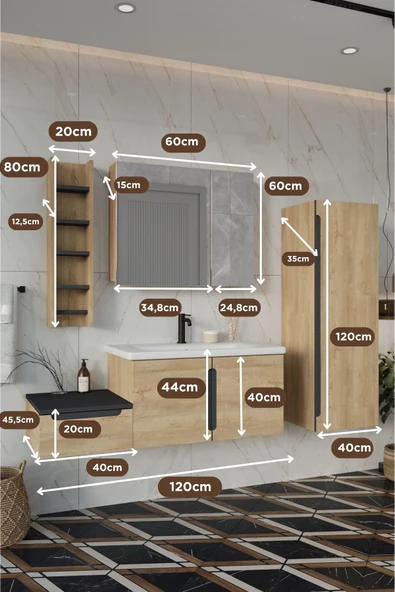 BALNEOM Zakkum 120 Cm %100 Mdf Lavabolu Banyo Dolabı Dolaplı Aynalı Üst Dolap Boy Dolabı Havluluk - 3