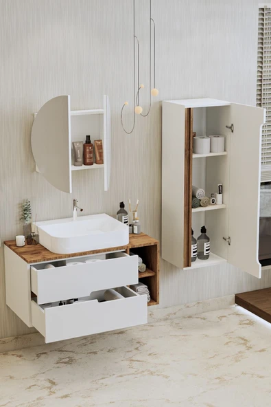 BALNEOM Koza Beyaz 80 Cm %100 Mdf Banyo Dolabı Ayna Lavabo Boy Dolabı - 2