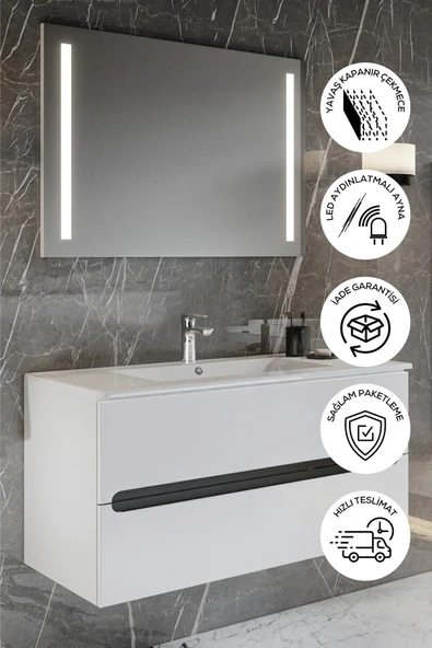 BALNEOM Banyo Kadife Beyaz Parlak Hıgh Gloss Demonte 80 Cm Banyo Dolabı Led Işıklı Aynalı Üst Dolap