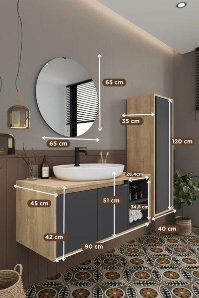 BALNEOM Gül 90 Cm %100 Mdf Lavabolu Banyo Dolabı Ayna Alt Dolap Lavabo Boy Dolabı - 6