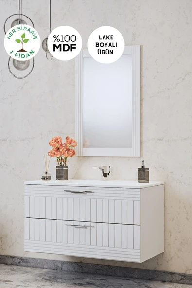 BALNEOM Erguvan Beyaz Gümüş Kulp Demonte 100 Cm Lavabolu Banyo Dolabı Ayna